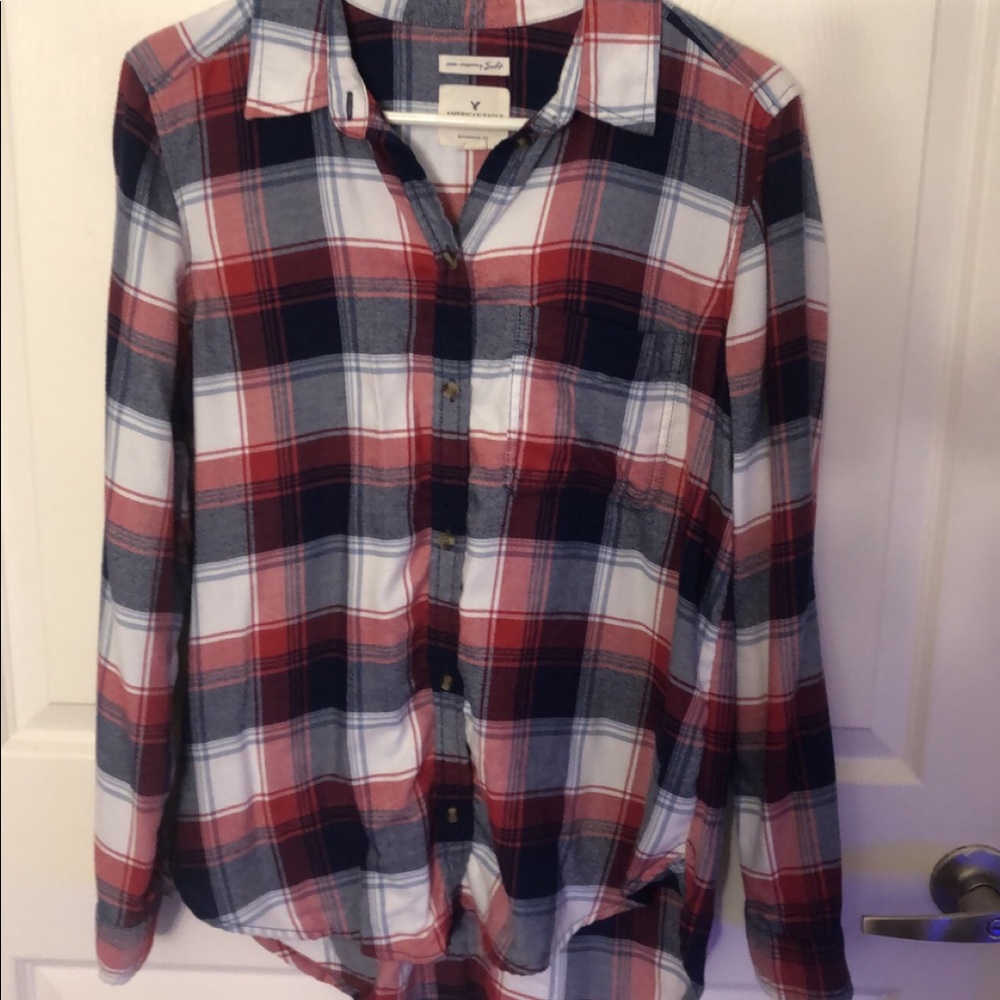 Red, white, and blue button up flannel